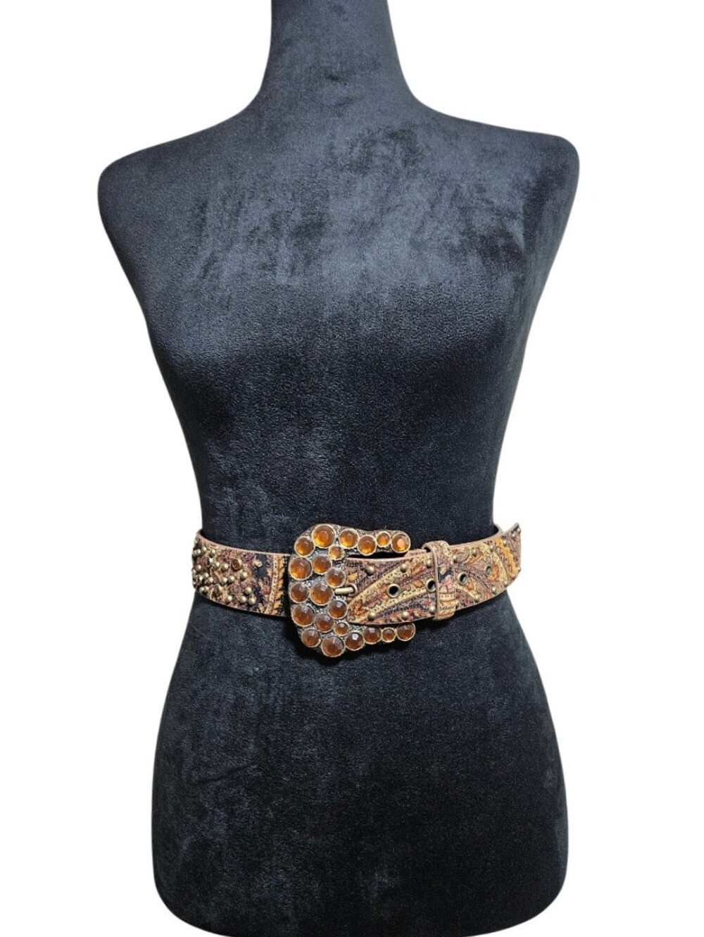 Vintage Y2K Amber Rhinestone Western Belt Boho Paisley Tapestry Studded Size S